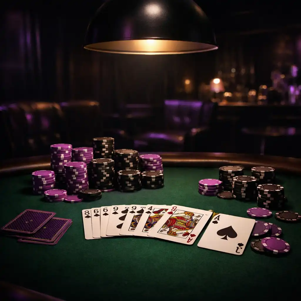 Table de poker en feutre vert avec jetons violets et cartes à jouer
