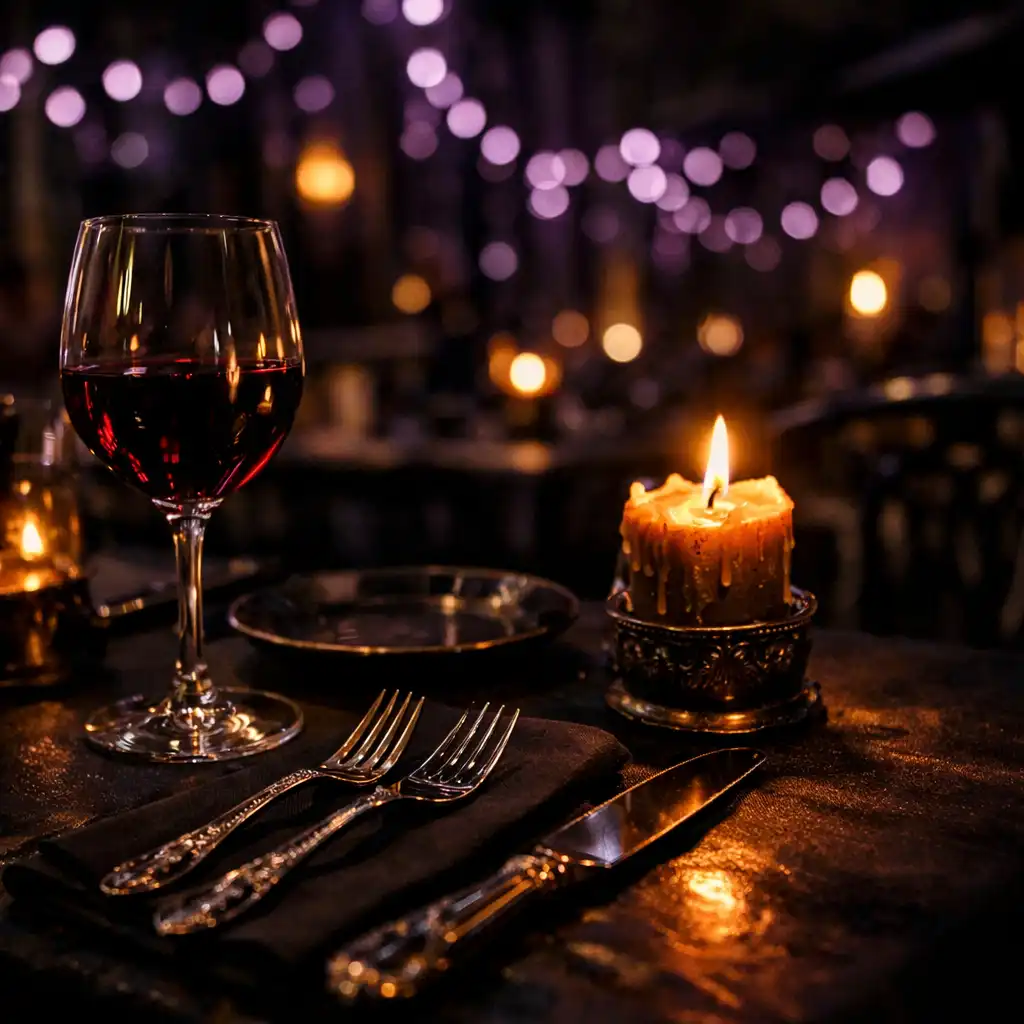 Table dressée sur la terrasse du C.S.E. FONTAINE MULNARD avec verre de vin et bougie
