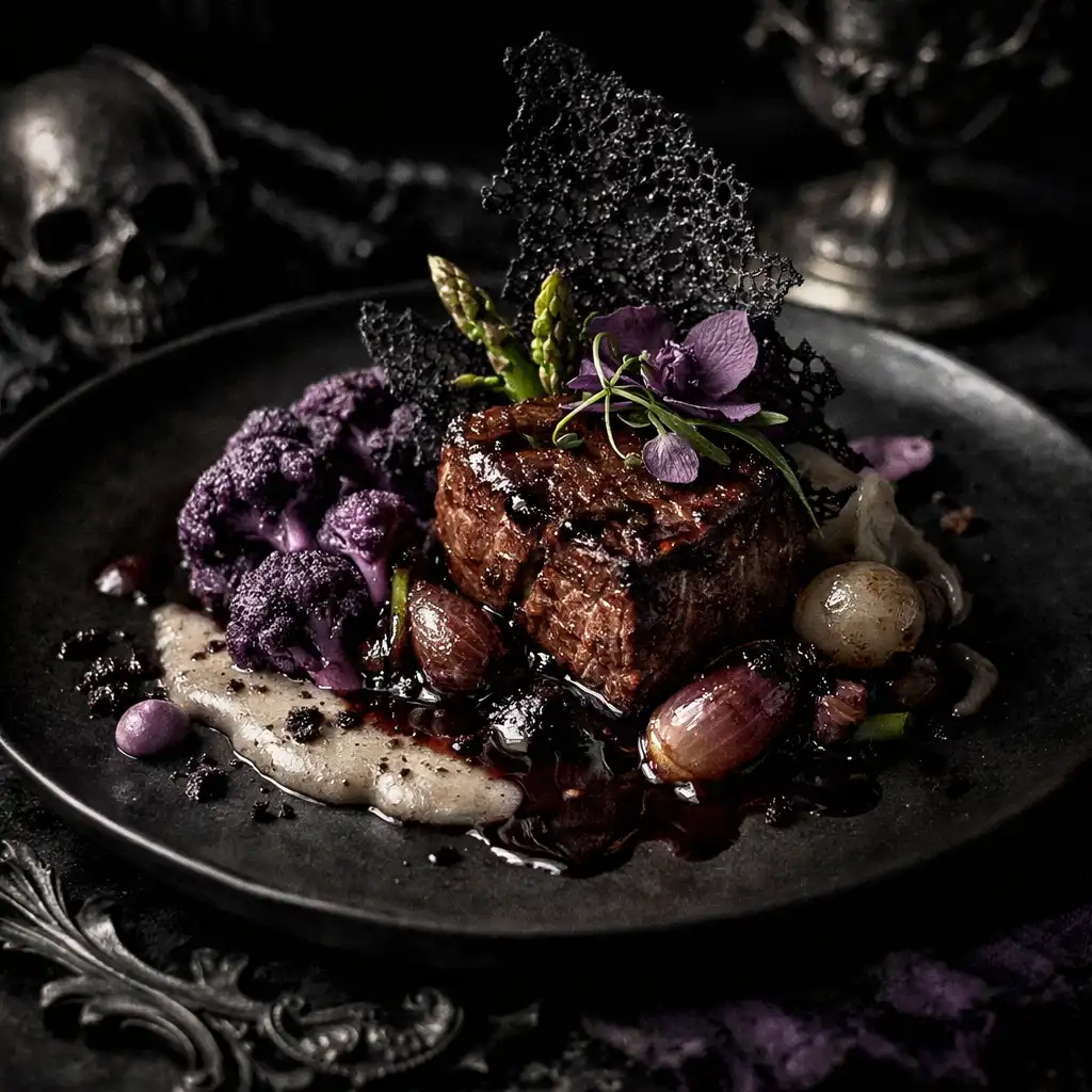 Plat de cuisine française contemporaine présenté sur une assiette sombre avec éléments décoratifs gothiques