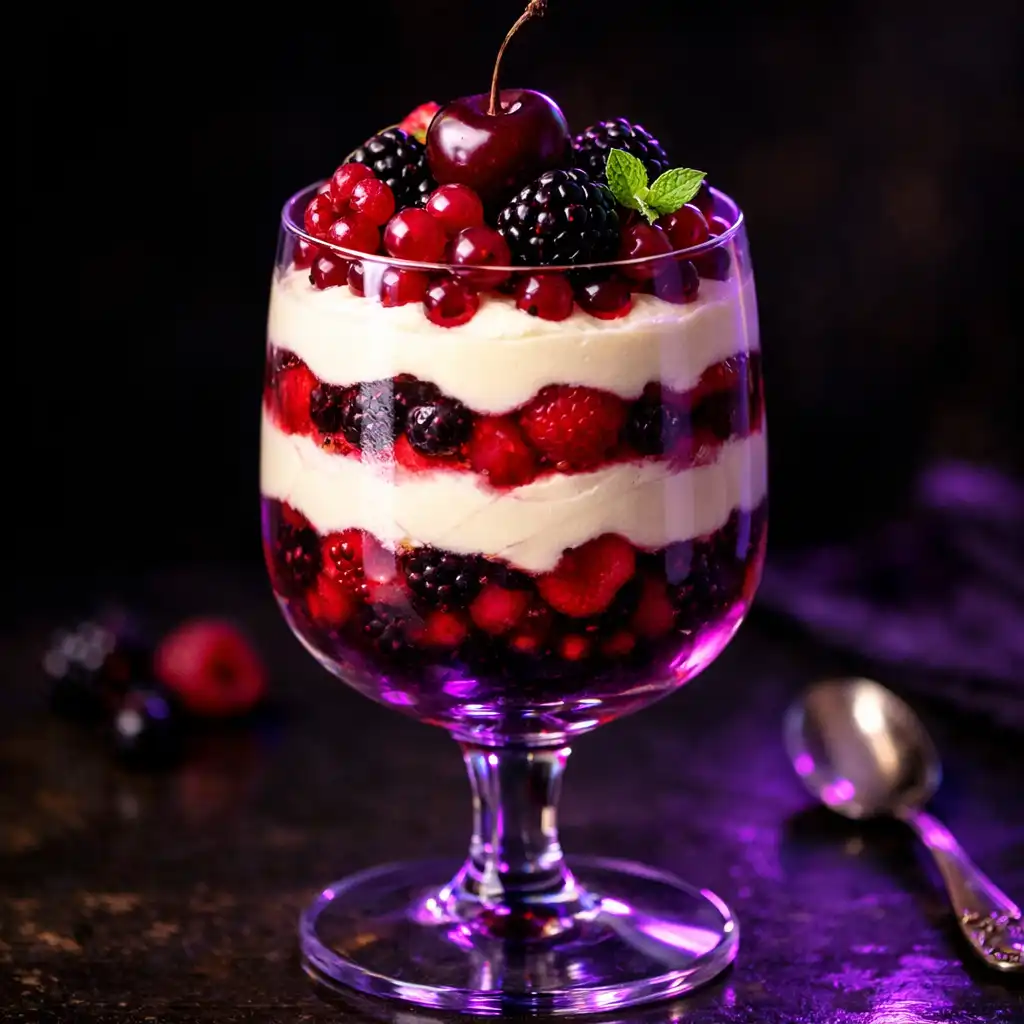 Dessert élégant servi dans un verre avec des couches de crème et de fruits rouges