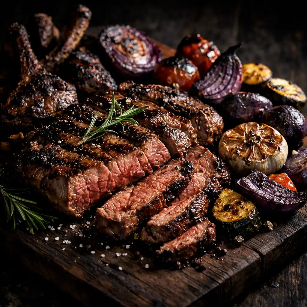 Plat de viande grillée avec des légumes rôtis présenté sur une planche en bois sombre
