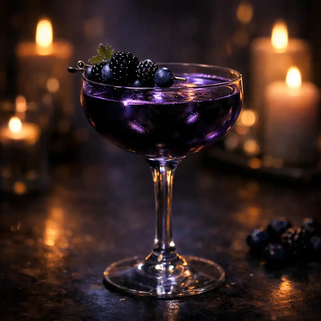 Cocktail sombre servi dans un verre à pied avec une garniture de fruits noirs