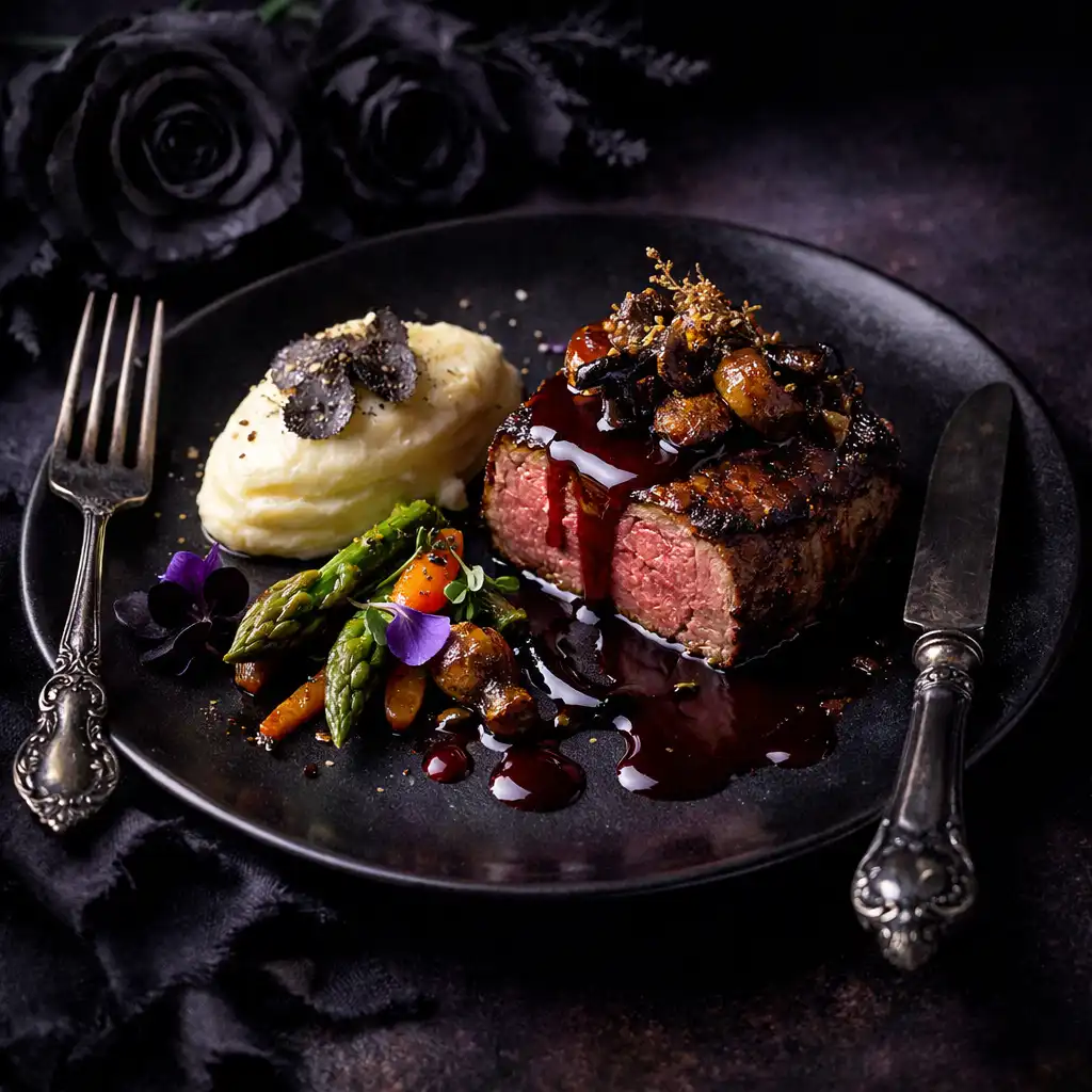 Plat raffiné de cuisine française sur une assiette sombre