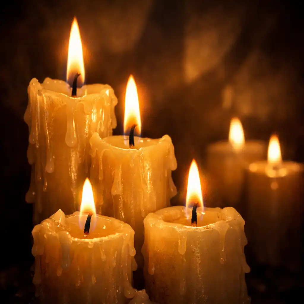 Gros plan sur un groupe de bougies allumées avec des flammes vacillantes