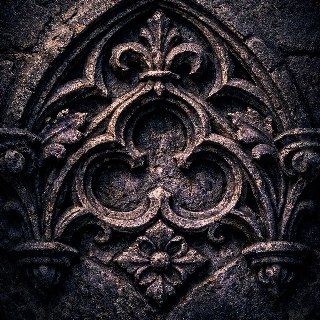 Détail d'un motif gothique sculpté sur un mur en pierre éclairé par une lumière rasante