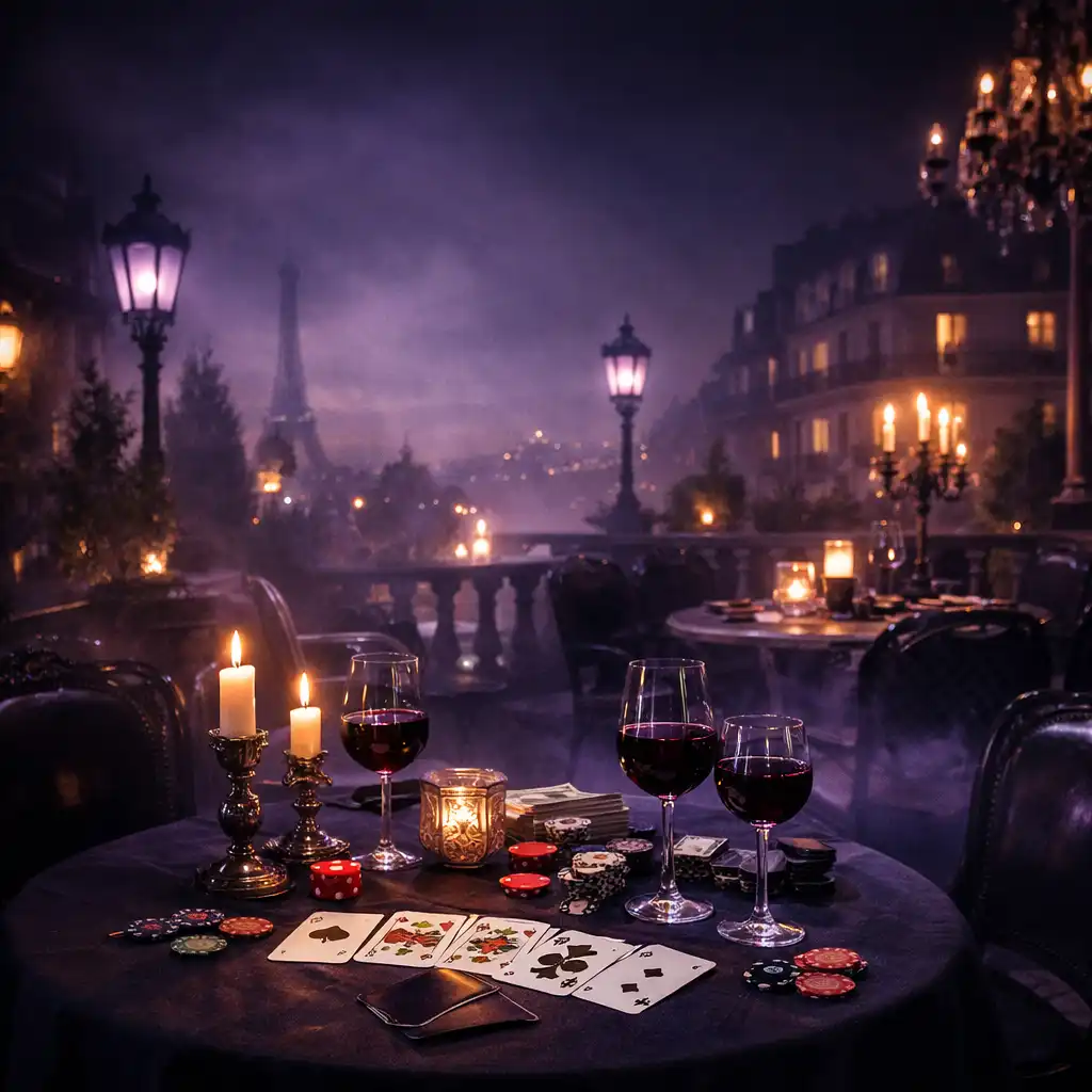 Terrasse de restaurant parisienne la nuit avec bougies, verres de vin et cartes de poker