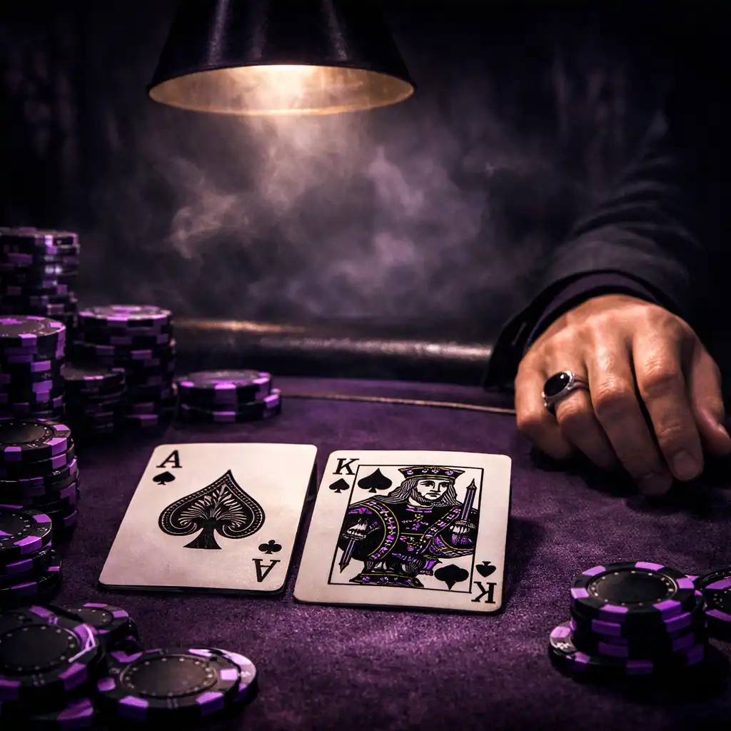 Gros plan sur une table de poker avec cartes et jetons violets dans une lumière dramatique