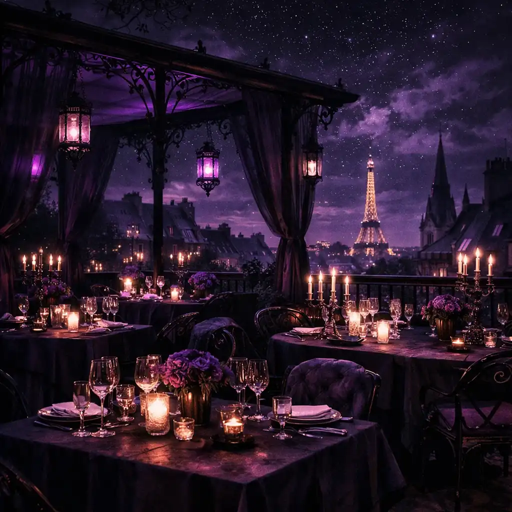 Terrasse nocturne du C.S.E. FONTAINE MULNARD avec tables dressées et éclairage violet