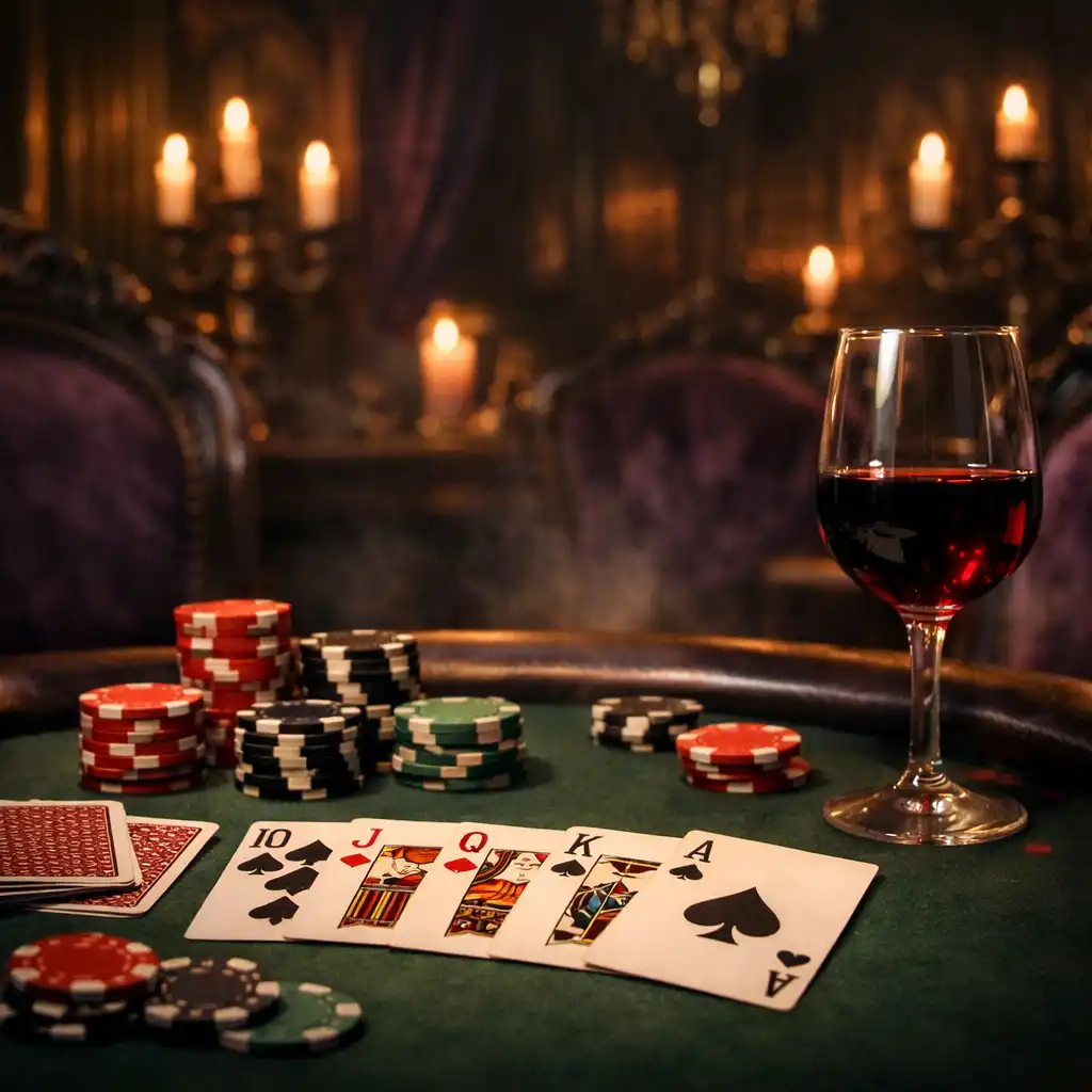 Table de poker tamisée avec cartes, jetons et verre de vin rouge dans le salon de C.S.E. FONTAINE MULNARD