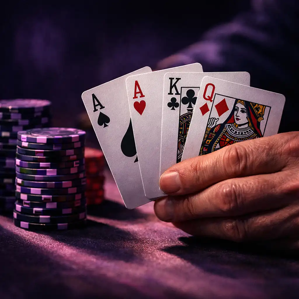 Gros plan sur une main de joueur tenant des cartes à jouer avec des jetons empilés à côté