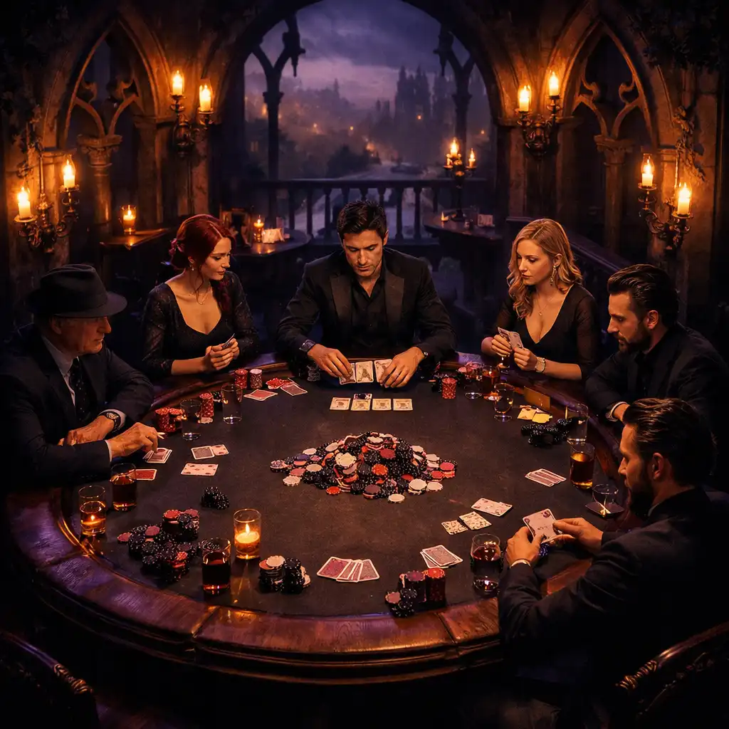 Vue d'ensemble d'une soirée poker dans la terrasse gothique