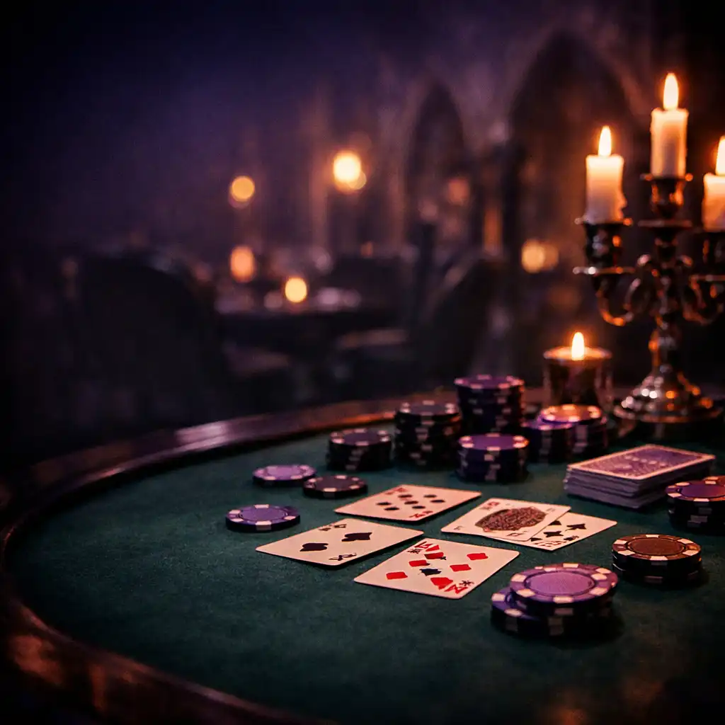 Table de poker éclairée aux bougies dans un cadre gothique élégant