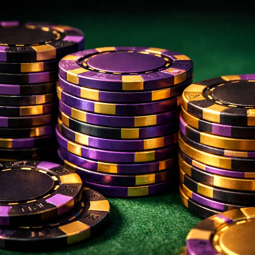 Gros plan sur des jetons de poker empilés avec des reflets violets et dorés