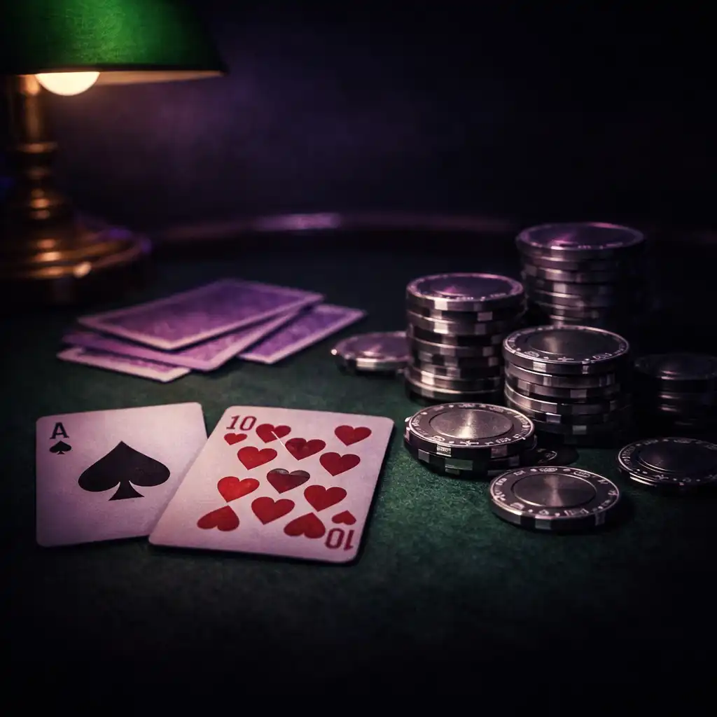 Détail d'une table de poker avec cartes et jetons