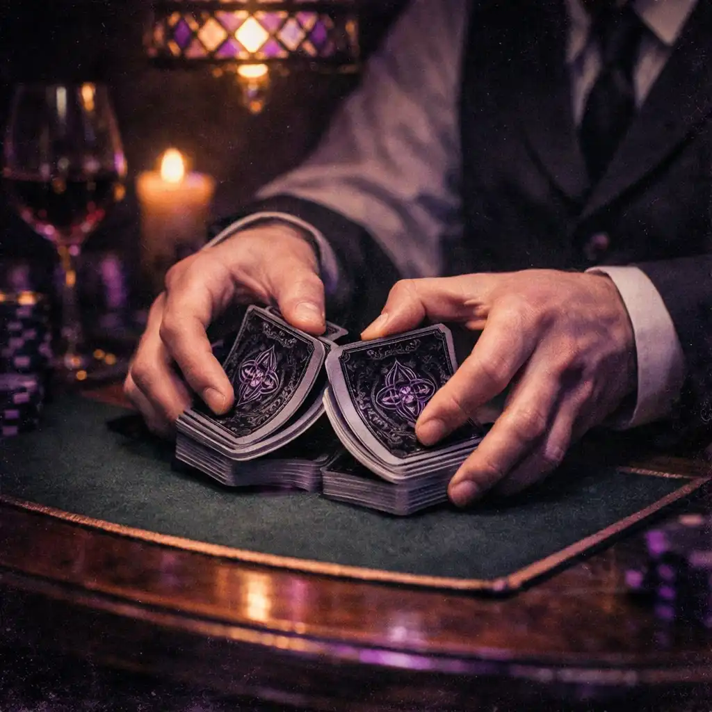 Mains d'un croupier mélangeant des cartes au-dessus d'une table de poker
