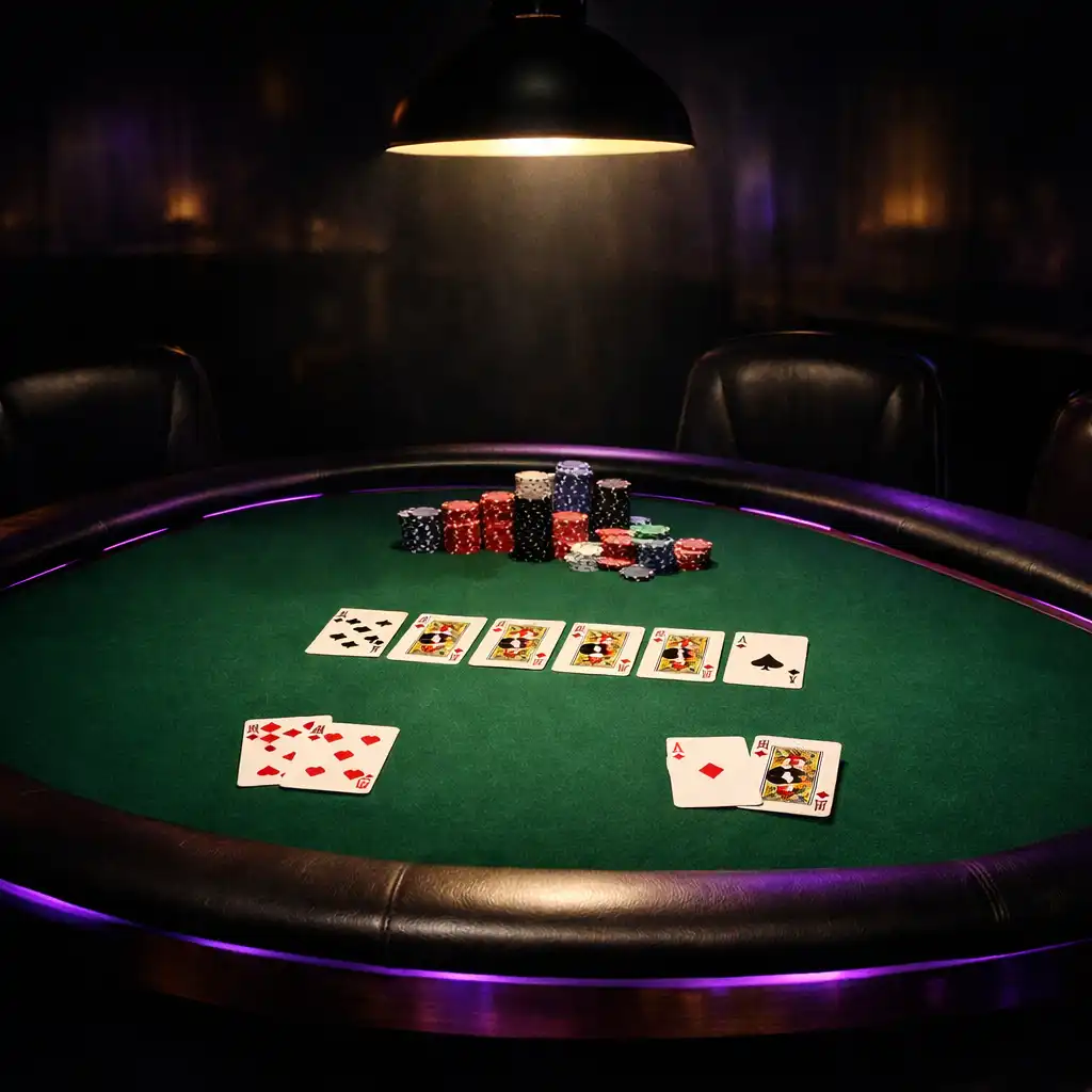 Table de poker en feutre vert avec cartes à jouer et jetons disposés au centre
