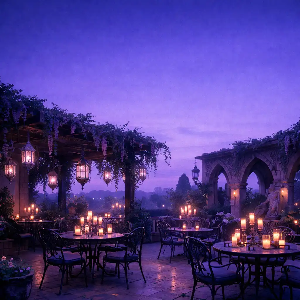 Vue d'ensemble de la terrasse au crépuscule avec tables en fer forgé, bougies et lanternes