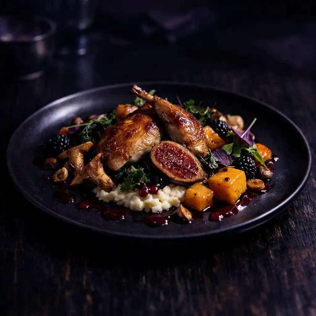 Plat raffiné sur une assiette sombre, éclairé par une lumière dramatique