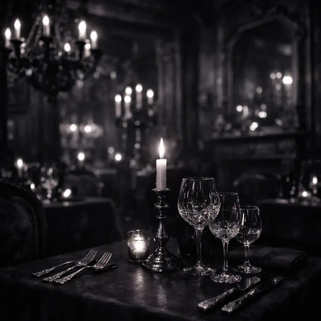 Intérieur sombre et élégant du restaurant C.S.E. FONTAINE MULNARD avec une table dressée éclairée à la bougie