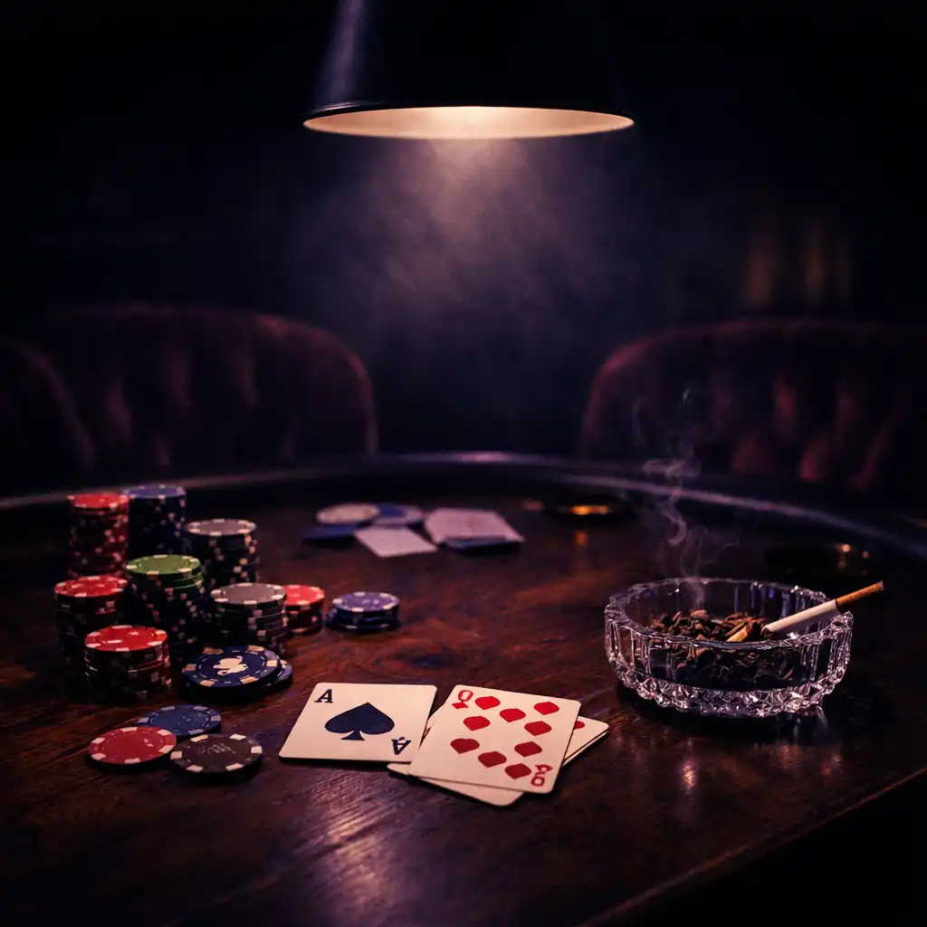Table de poker dans un salon sombre avec tapis de feutrine vert bouteille, cartes, jetons en céramique et cendrier en cristal
