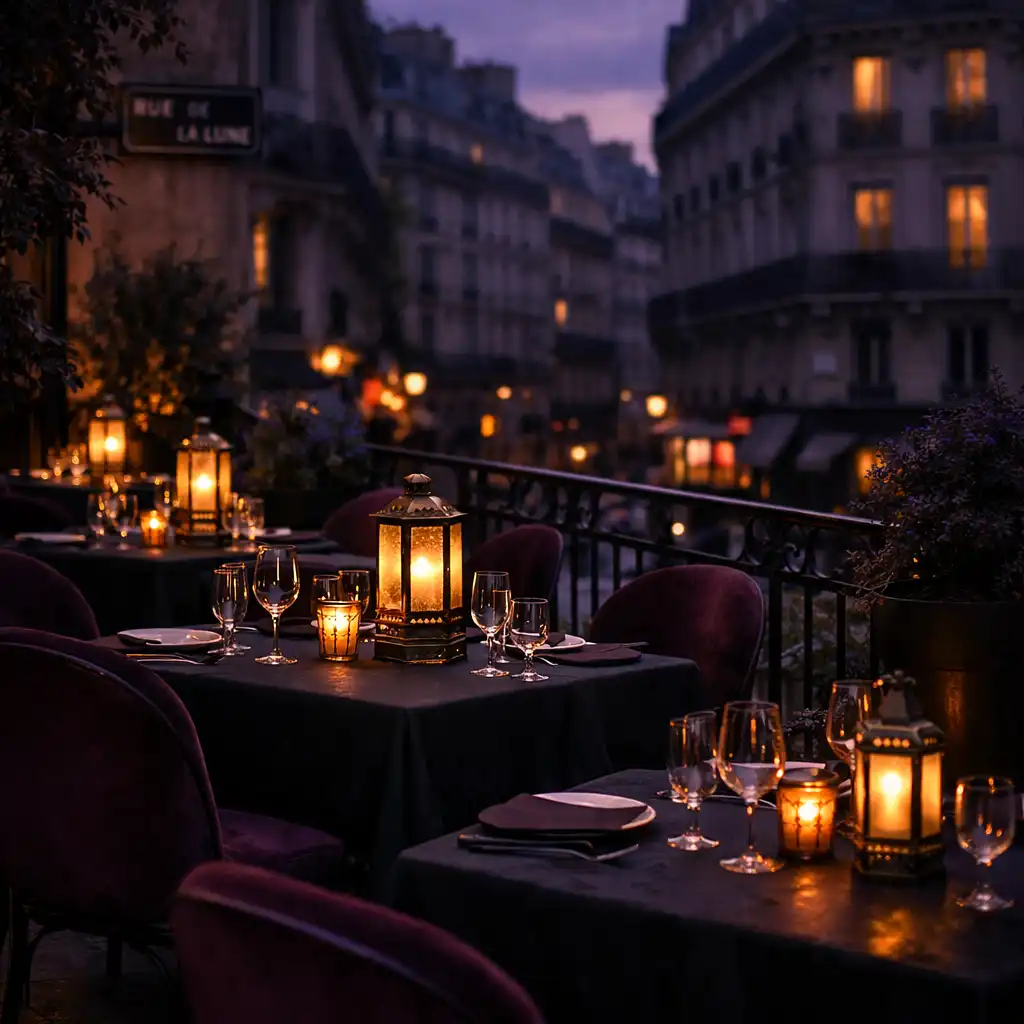 Terrasse de C.S.E. FONTAINE MULNARD au crépuscule avec tables en fer forgé, nappes en lin noir et lanternes diffusant une lumière chaude