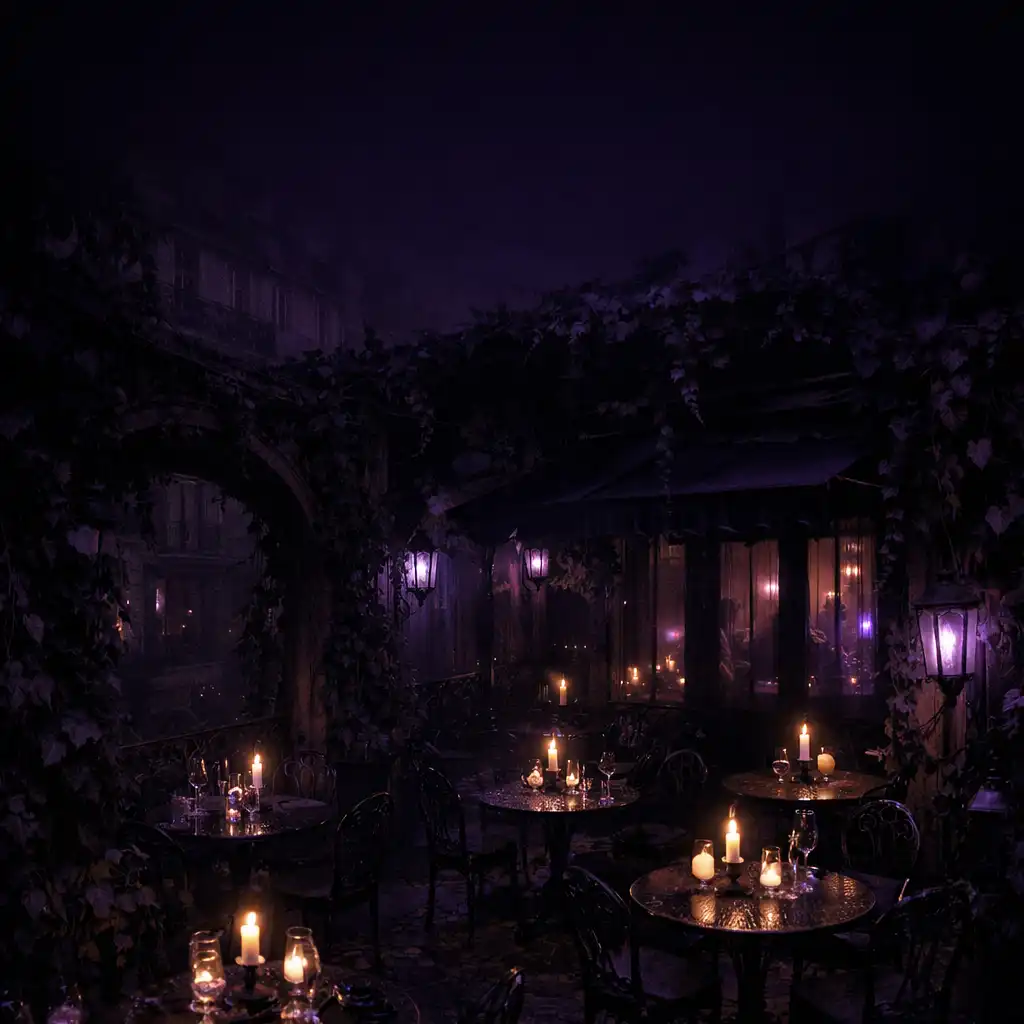 Terrasse parisienne éclairée aux bougies dans une ambiance gothique