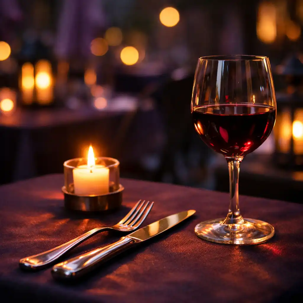 Gros plan sur une table de la terrasse avec nappe sombre, couverts en argent et verre de vin rouge